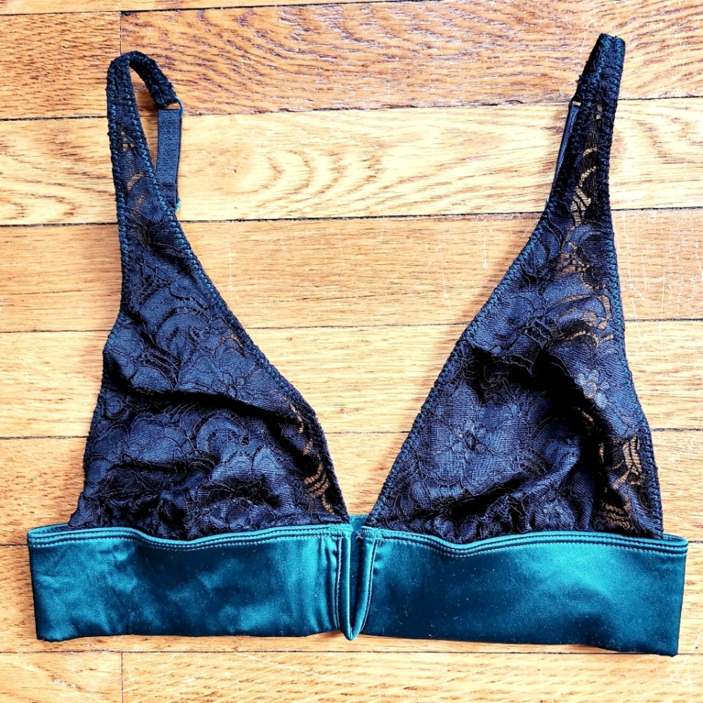 Free People Green Satin and Black Lace Deep V Bralette Bra